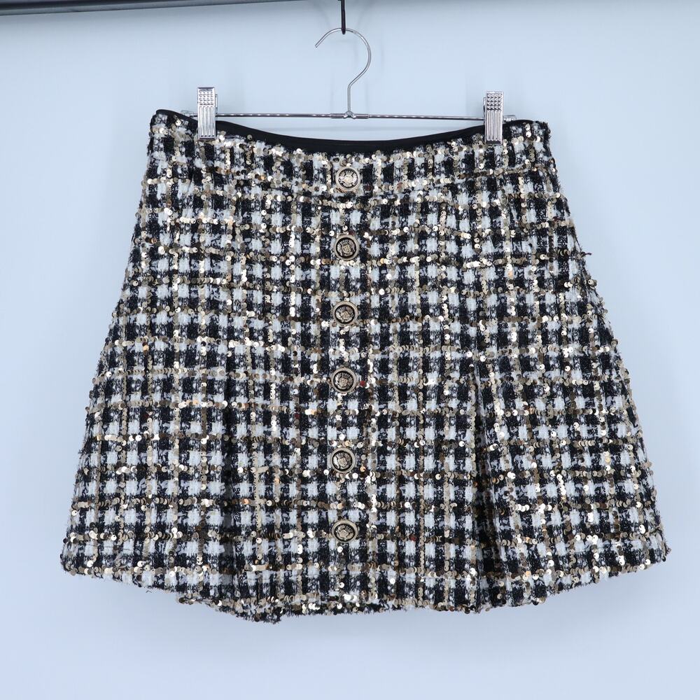 A Loves A Tweed Pleated Mini Skirt Black White Checkered Gold Sequin Women's M